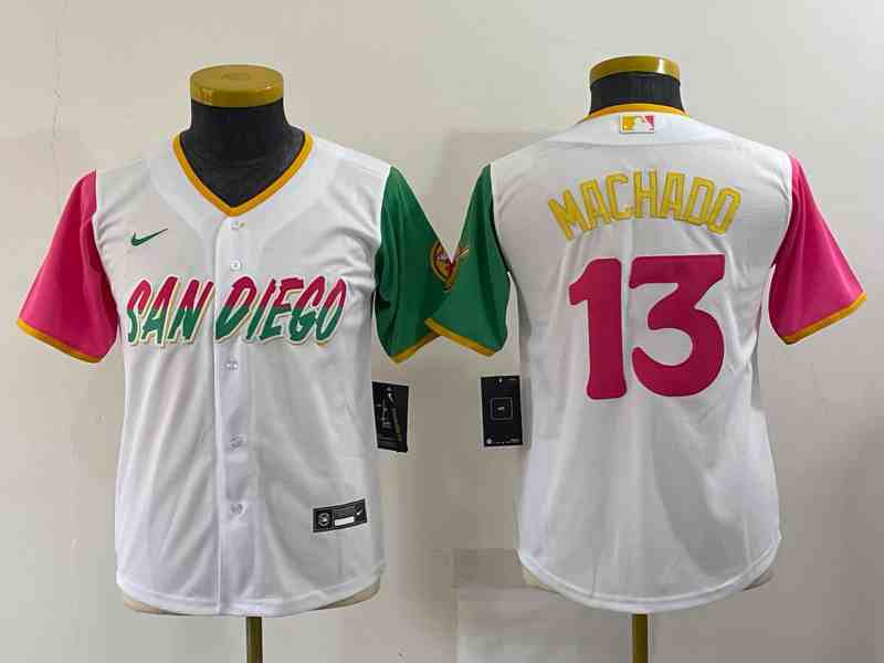 Youth San Diego Padres #13 Manny Machado White Number 2022 City Connect Cool Base Stitched Jersey 2