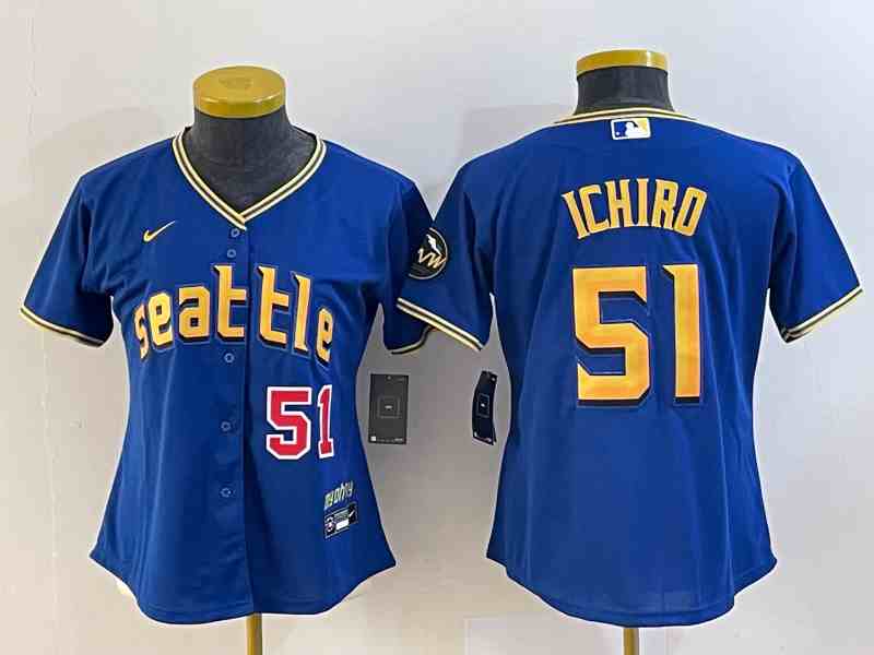 Women's Seattle Mariners #51 Ichiro Suzuki Number Blue 2023 City Connect Flex Base Stitched Jersey