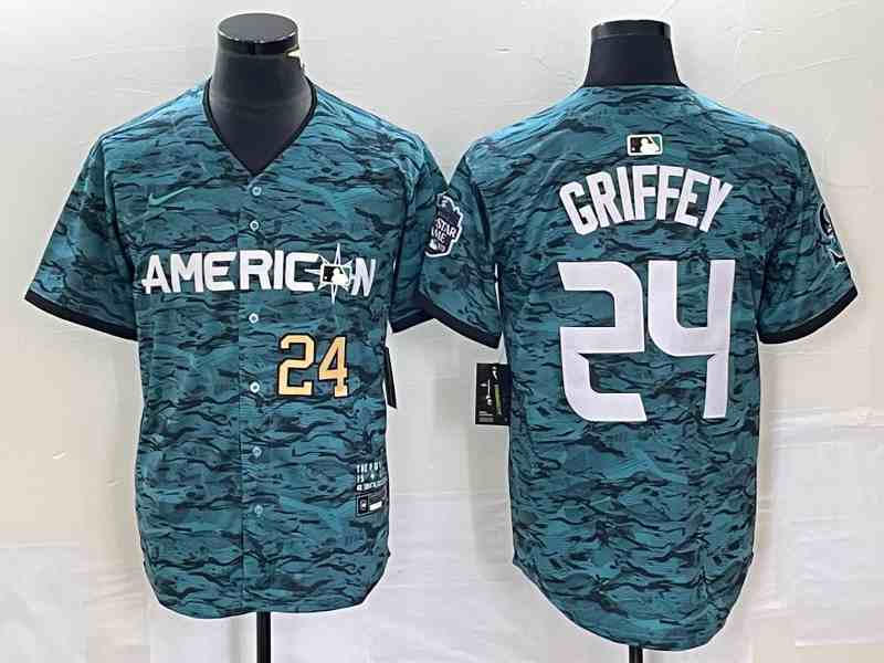 Men's Seattle Mariners #24 Ken Griffey Number Teal 2023 All Star Cool Base Stitched Jersey