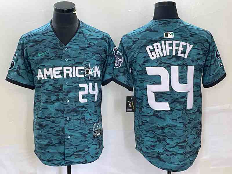 Men's Seattle Mariners #24 Ken Griffey Number Teal 2023 All Star Cool Base Stitched Jersey2