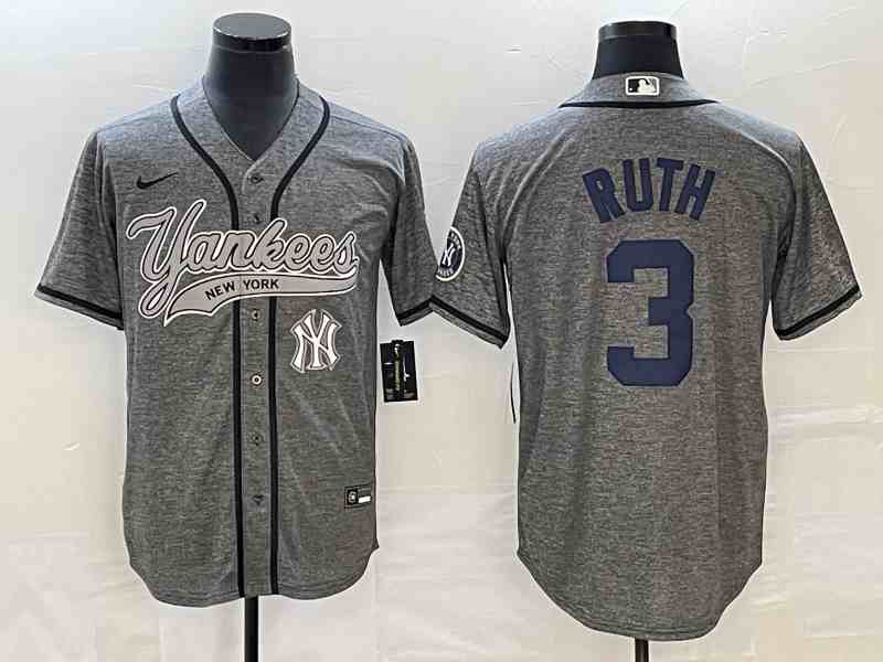 Men's New York Yankees #3 Babe Ruth Gray With Patch Cool Base Stitched Baseball Jersey 3