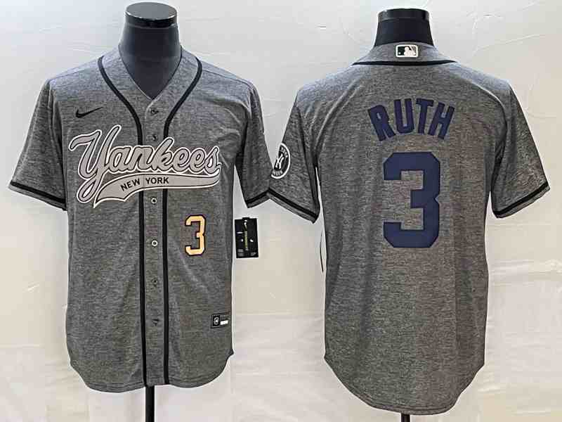 Men's New York Yankees #3 Babe Ruth Gray With Patch Cool Base Stitched Baseball Jersey 1