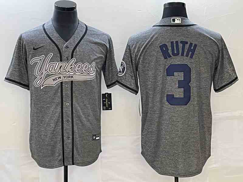 Men's New York Yankees #3 Babe Ruth Gray With Patch Cool Base Stitched Baseball Jersey 2