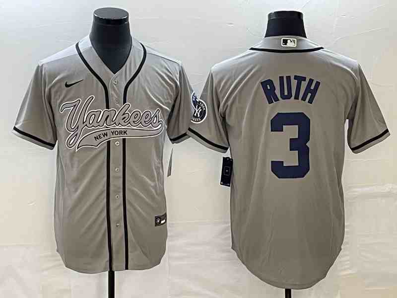 Men's New York Yankees #3 Babe Ruth Gray With Patch Cool Base Stitched Baseball Jersey1