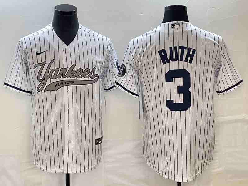 Men's New York Yankees #3 Babe Ruth White With Patch Cool Base Stitched Baseball Jersey 4