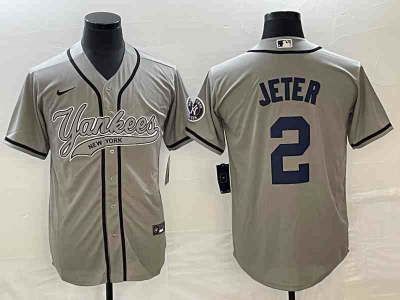 Men's New York Yankees #2 Derek Jeter Gray With Patch Cool Base Stitched Baseball Jersey 3