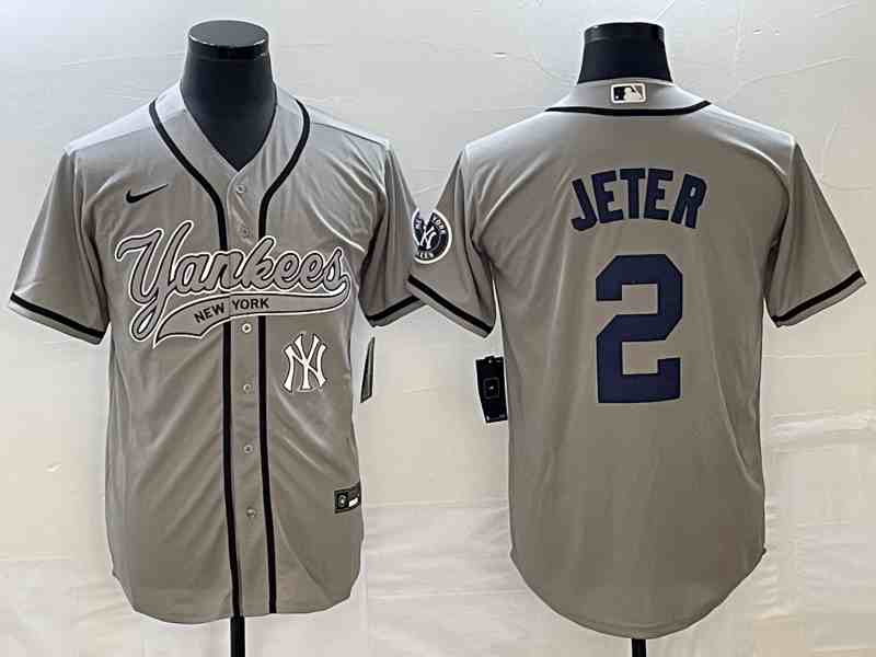 Men's New York Yankees #2 Derek Jeter Gray With Patch Cool Base Stitched Baseball Jersey 2