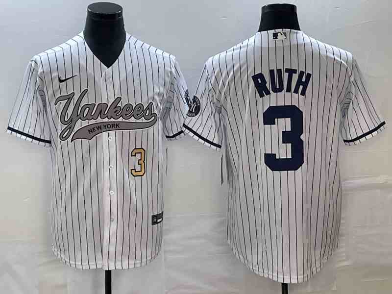 Men's New York Yankees #3 Babe Ruth White With Patch Cool Base Stitched Baseball Jersey 5
