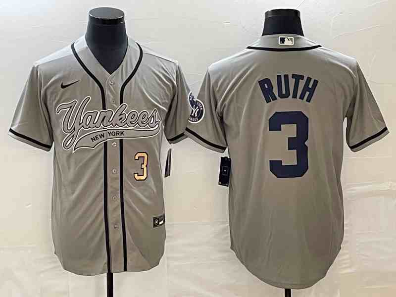 Men's New York Yankees #3 Babe Ruth Gray With Patch Cool Base Stitched Baseball Jersey2