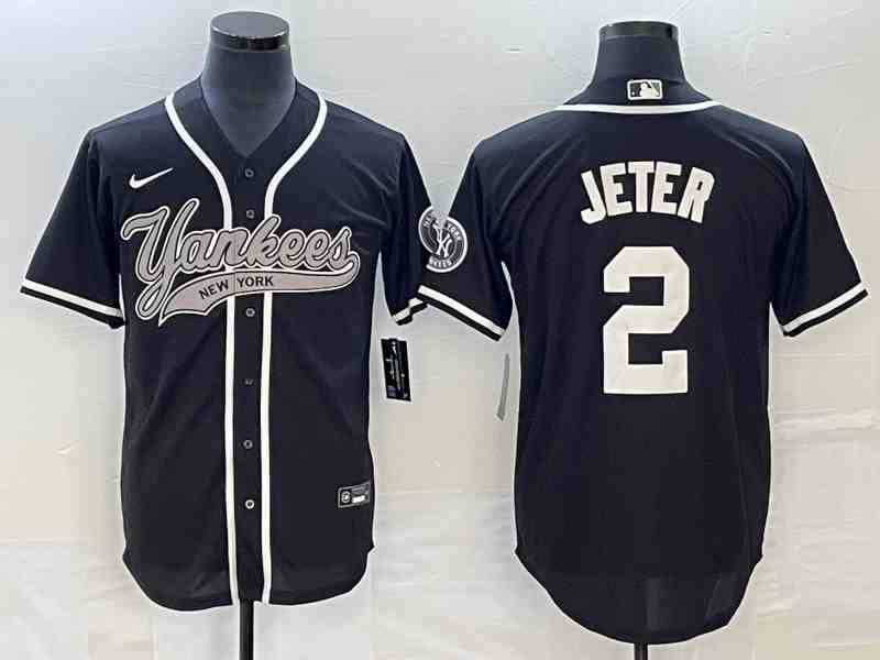 Men's New York Yankees #2 Derek Jeter Black With Patch Cool Base Stitched Baseball Jersey2