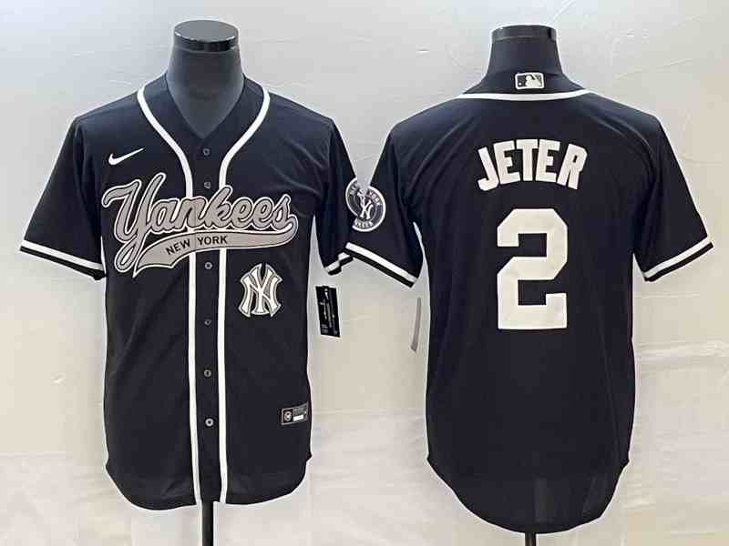 Men's New York Yankees #2 Derek Jeter Black With Patch Cool Base Stitched Baseball Jersey