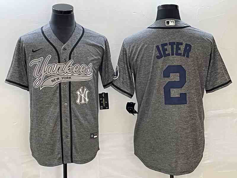Men's New York Yankees #2 Derek Jeter Gray With Patch Cool Base Stitched Baseball Jersey