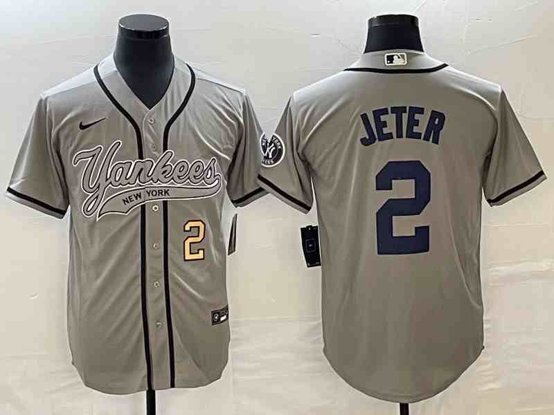 Men's New York Yankees #2 Derek Jeter Gray With Patch Cool Base Stitched Baseball Jersey 4