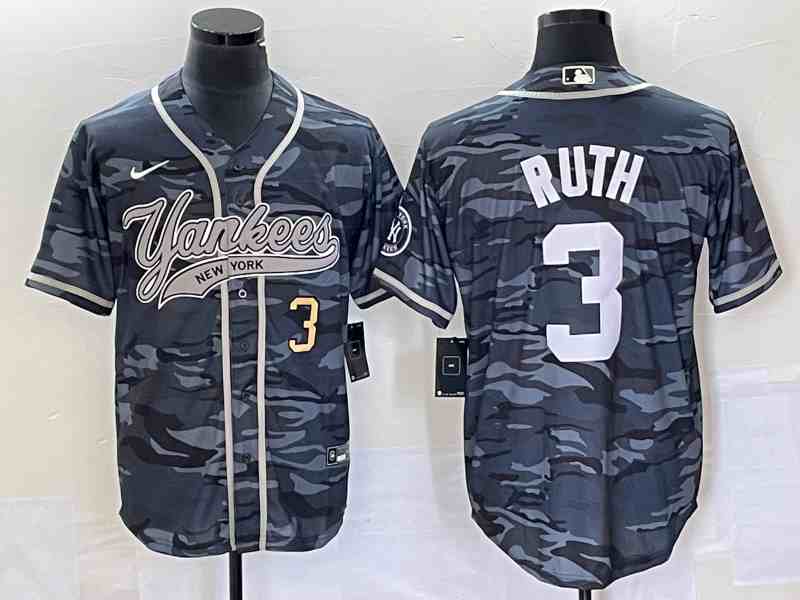 Men's New York Yankees #3 Babe Ruth Gray Camo With Patch Cool Base Stitched Baseball Jersey2
