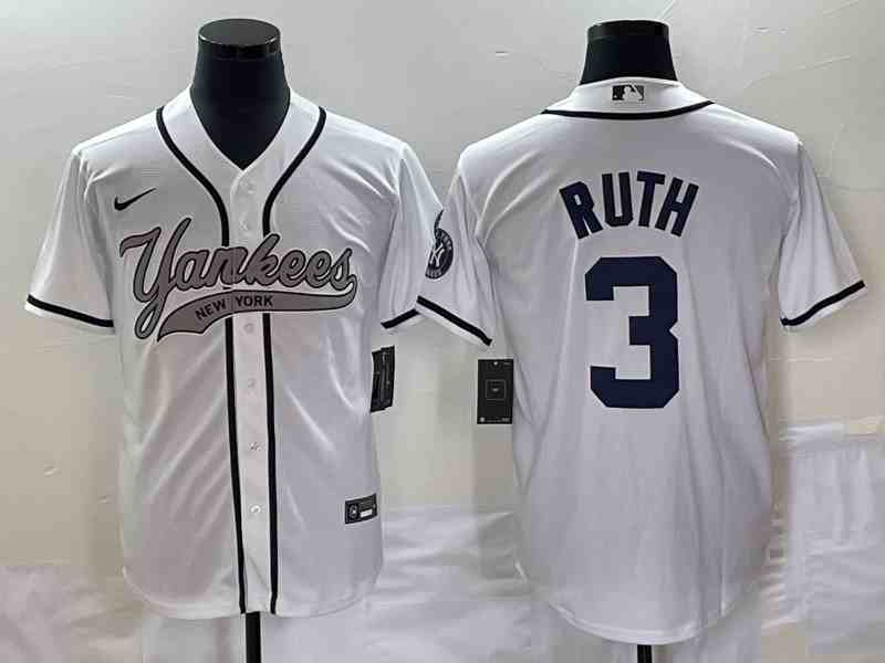 Men's New York Yankees #3 Babe Ruth White With Patch Cool Base Stitched Baseball Jersey (2)