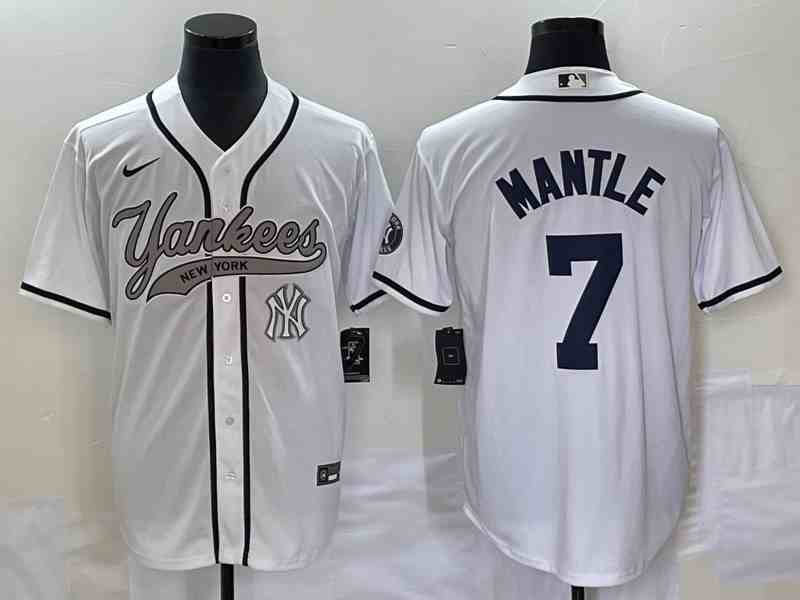 Men's New York Yankees #7 Mickey Mantle White With Patch Cool Base Stitched Baseball Jersey (2)