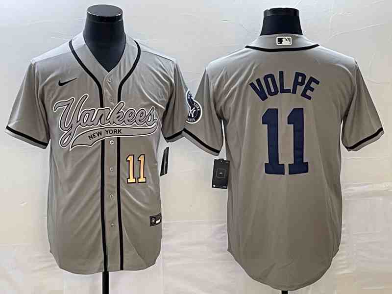 Men's New York Yankees #11 Anthony Volpe Gray With Patch Cool Base Stitched Baseball Jersey2