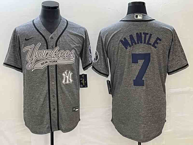 Men's New York Yankees #7 Mickey Mantle  Number Grey Gridiron Cool Base Stitched Baseball Jersey1