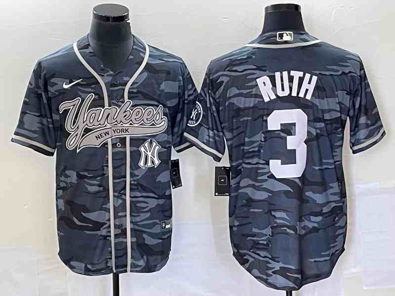 Men's New York Yankees #3 Babe Ruth Gray Camo With Patch Cool Base Stitched Baseball Jersey1