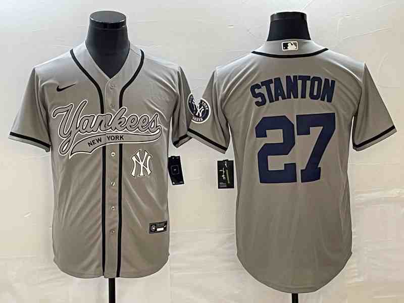 Men's New York Yankees #27 Giancarlo Stanton Gray With Patch Cool Base Stitched Baseball Jersey 4