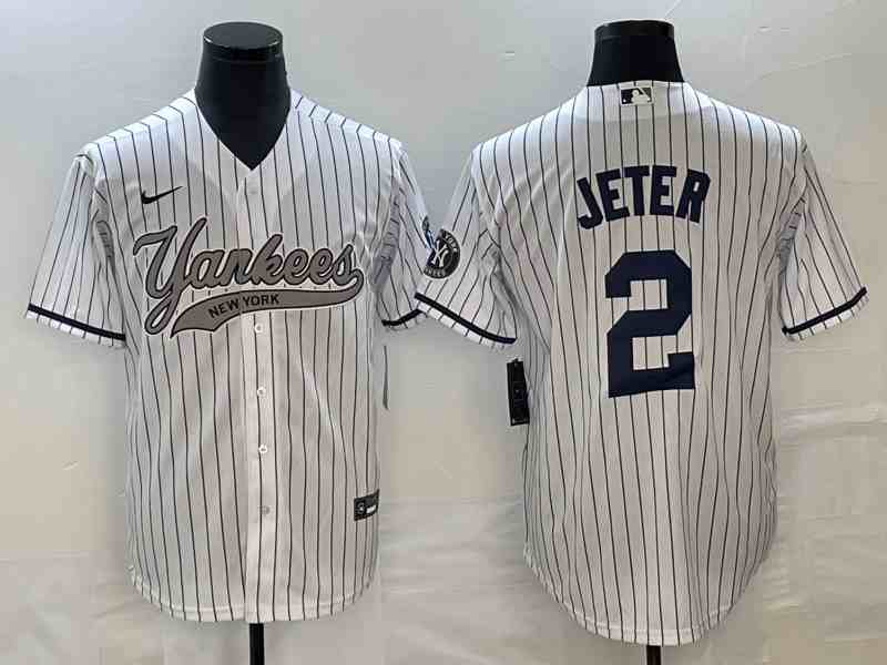 Men's New York Yankees #2 Derek Jeter White With Patch Cool Base Stitched Baseball Jersey2