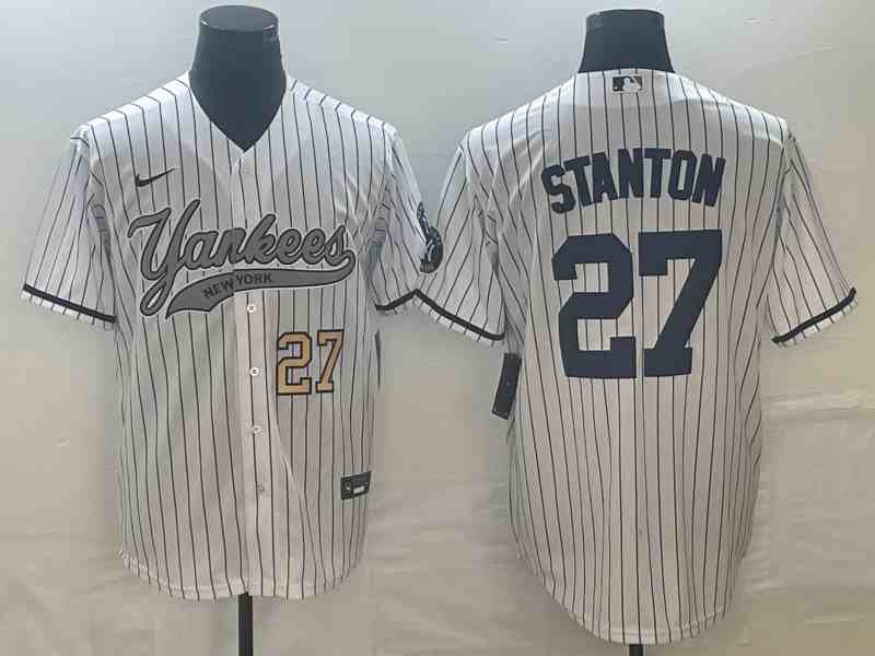 Men's New York Yankees #27 Giancarlo Stanton White With Patch Cool Base Stitched Baseball Jersey 4