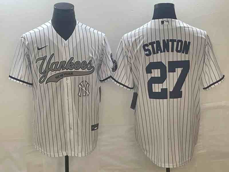 Men's New York Yankees #27 Giancarlo Stanton White With Patch Cool Base Stitched Baseball Jersey 3