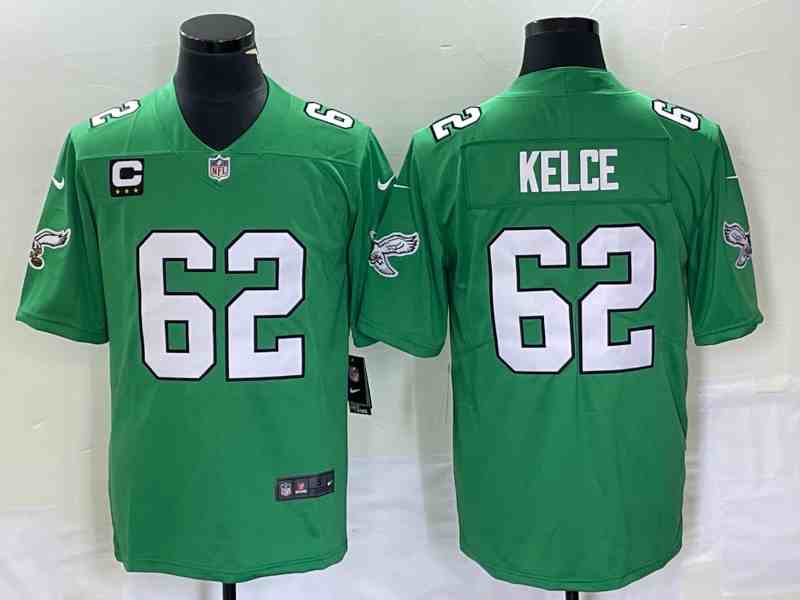 Men's Philadelphia Eagles #62 Jason Kelce Green C Patch  Vapor Limited Throwback Jersey