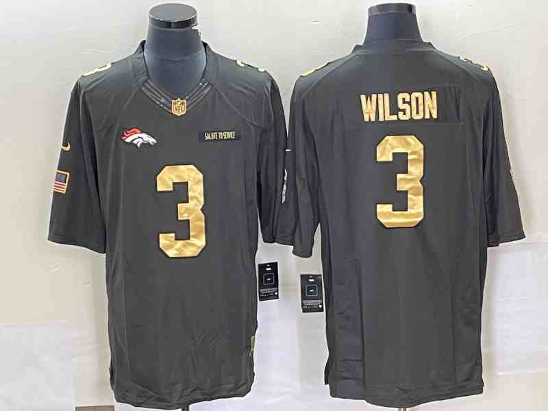 Men's Denver Broncos #3 Russell Wilson Olive Gold Stitched Jersey