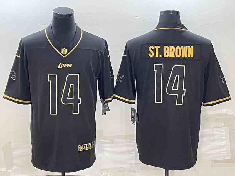 Men's Detroit Lions #14 Amon-Ra St. Brown Black Gold Edition Stitched Jersey