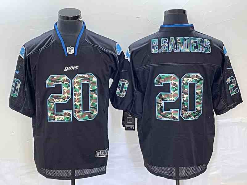 Men's Detroit Lions #20 Barry Sanders Lights Out Black Camo typeface Classic Jersey