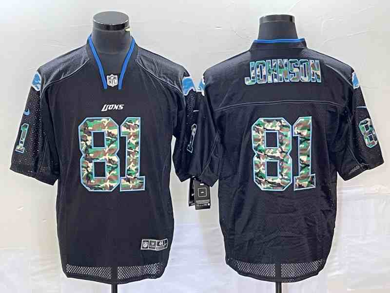 Men's Detroit Lions #81 Calvin Johnson Lights Out Black Camo typeface  Classic Jersey