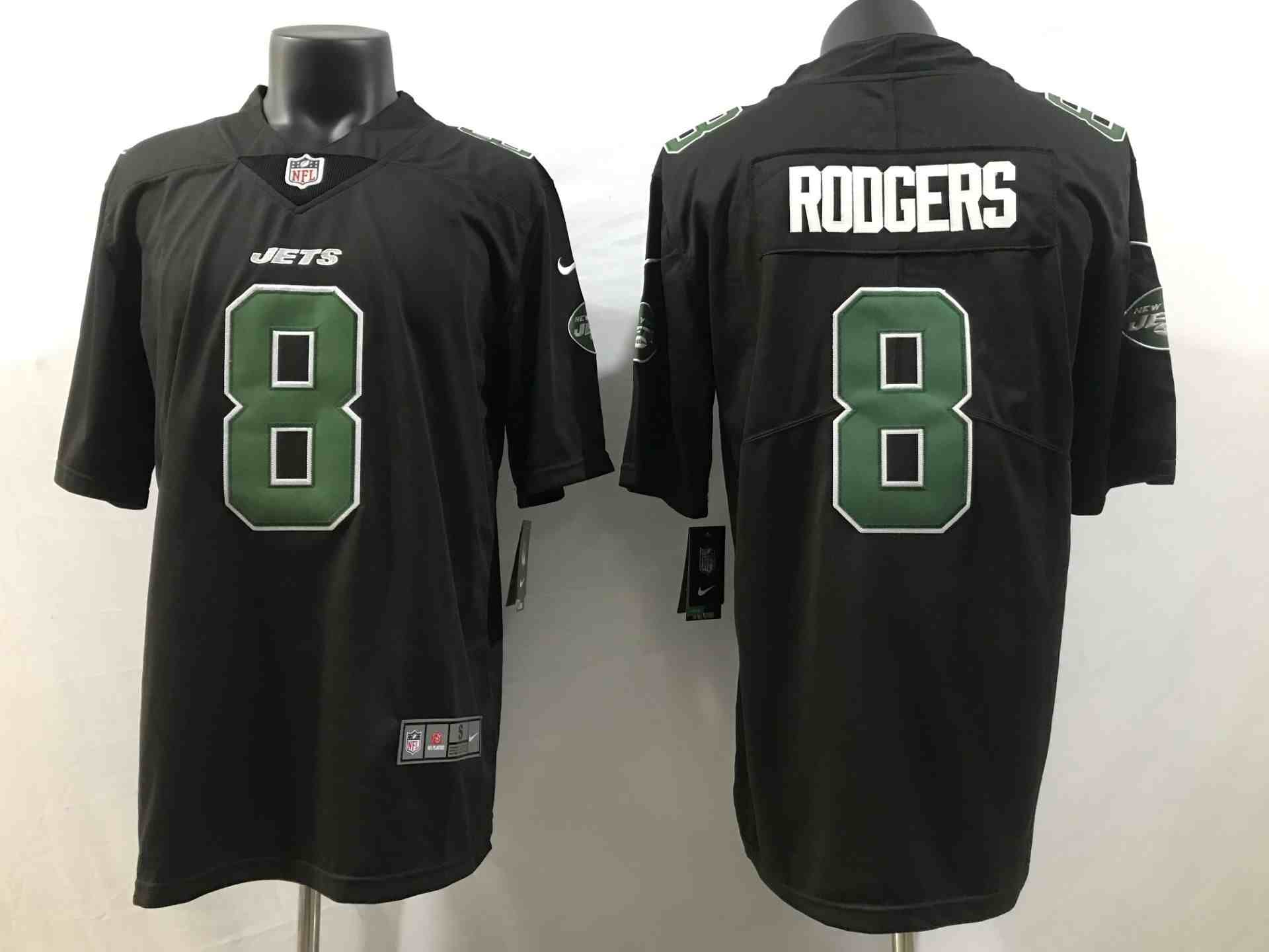 Men's New York Jets #8 Aaron Rodgers Black Stitched Jersey