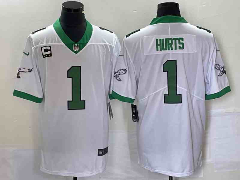 Men's Philadelphia Eagles #1 Jalen Hurts WhiteKelly Green With C Patch Jersey