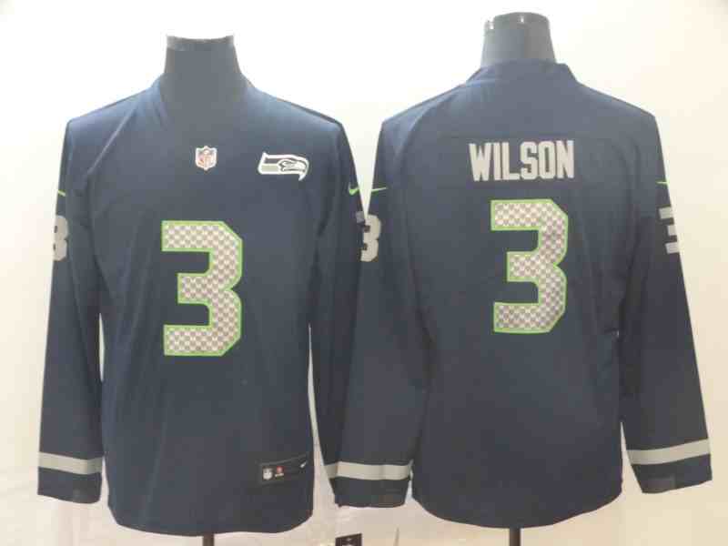 Men's Seattle Seahawks #3 Russell Wilson Navy Therma Long Sleeve Stitched NFL Jersey