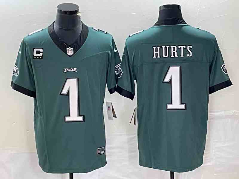 Men's Philadelphia Eagles #1 Jalen Hurts Green  2023 F.U.S.E. Vapor Untouchable With C Patch Stitched Football Jersey