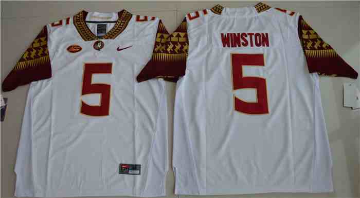 Men's Florida State Seminoles #5 Jameis Winston White Colleage NCAA Football Jerseys