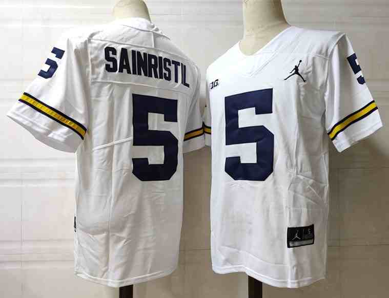 Men's Michigan Wolverines #5 Sainristil white Stitched Jersey