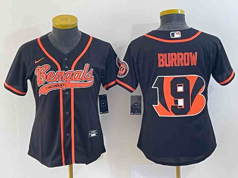 Women's Cincinnati Bengals #9 Joe Burrow Black Team Big Logo With Patch Cool Base Stitched Baseball Jersey