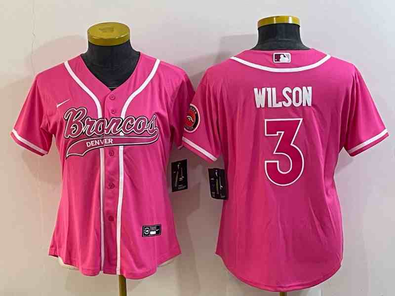 Women's Denver Broncos #3 Russell Wilson Pink With Patch Cool Base Stitched Baseball Jersey