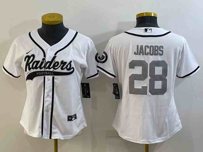 Women's Las Vegas Raiders #28 Josh Jacobs White Silver With Patch Cool Base Stitched Baseball Jersey