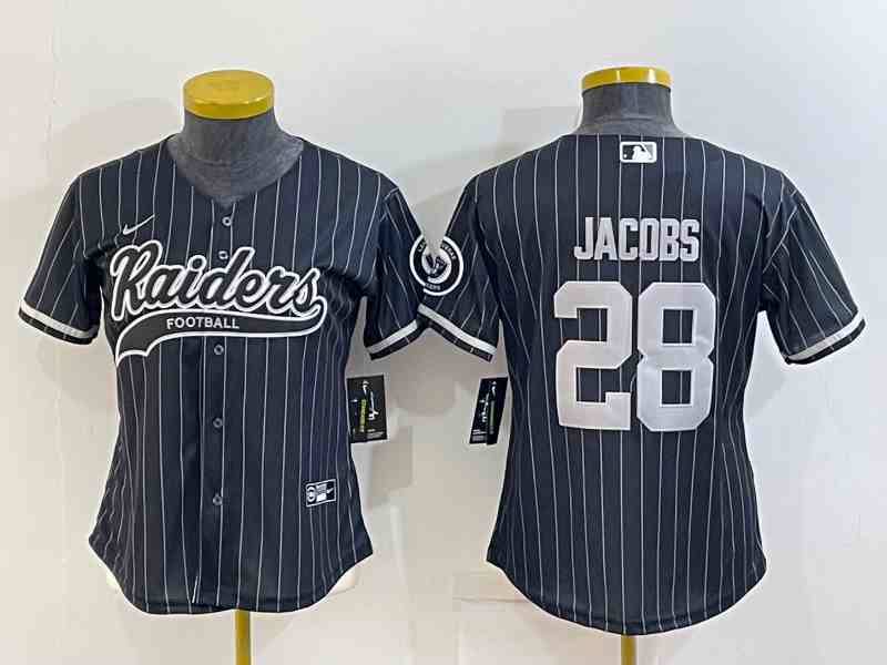 Women's Las Vegas Raiders #28 Josh Jacobs Black With Patch Cool Base Stitched Baseball Jersey
