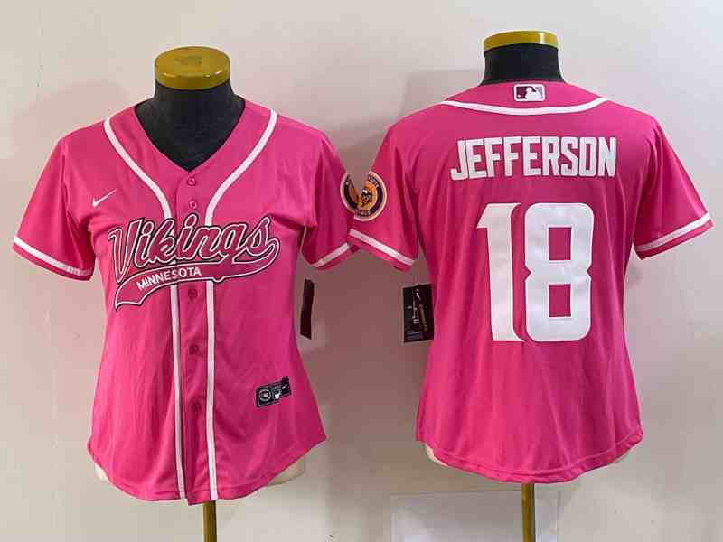 Women's Minnesota Vikings #18 Justin Jefferson Pink With Patch Cool Base Stitched Baseball Jersey