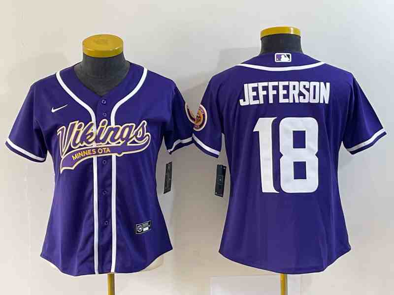 Women's Minnesota Vikings #18 Justin Jefferson Purple With Patch Cool Base Stitched Baseball Jersey