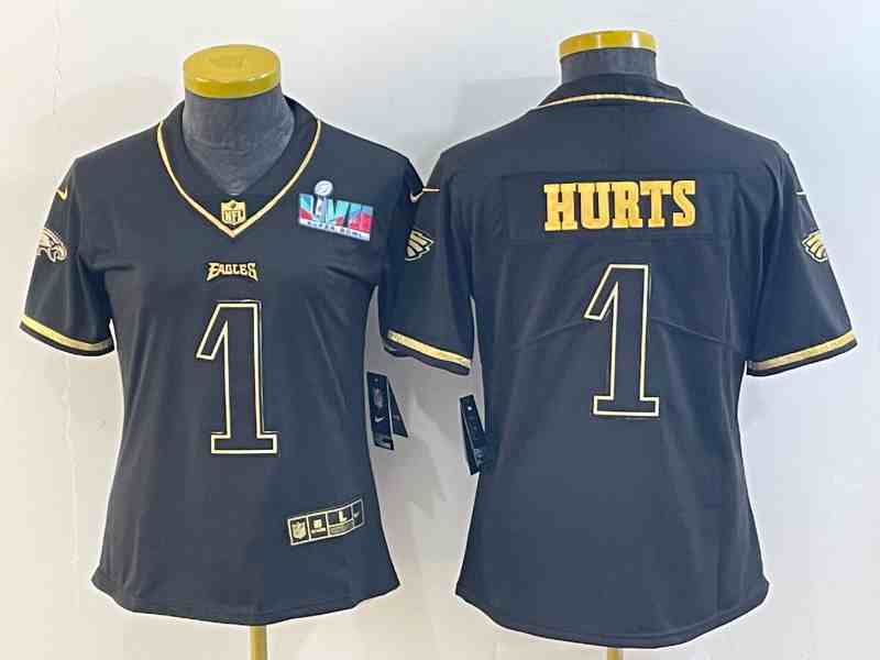 Women's Philadelphia Eagles #1 Jalen Hurts Black Golden Edition Super Bowl LVII Patch Stitched Football Jersey