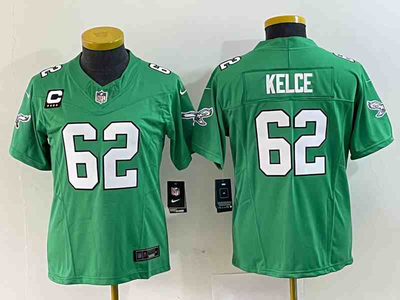 Women's Philadelphia Eagles #62 Jason Kelce Green 2023 F.U.S.E. With C Patch Stitched Football Jersey