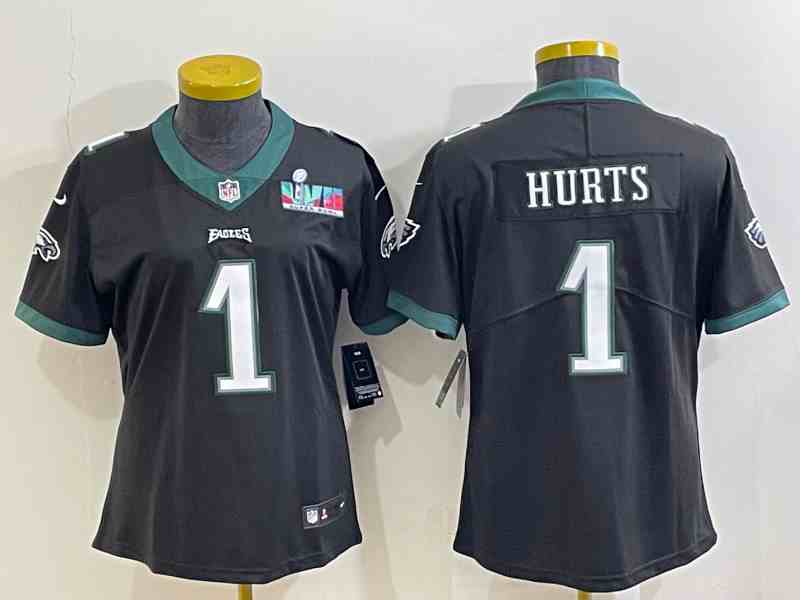 Women's Philadelphia Eagles #1 Jalen Hurts Black Super Bolw LVII Patch Vapor Untouchable Limited Stitched Football Jersey