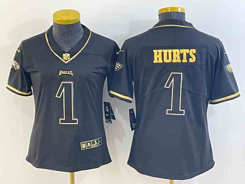Women's Philadelphia Eagles #1 Jalen Hurts Black Golden Edition Stitched Football Jersey