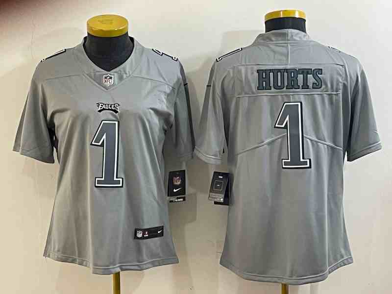 Women's Philadelphia Eagles #1 Jalen Hurts Gray Atmosphere Fashion Stitched Jersey