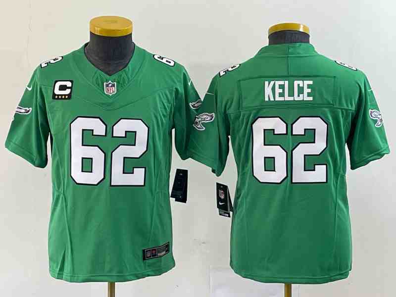 Youth Philadelphia Eagles #62 Jason Kelce Green 2023 F.U.S.E. With C Patch Stitched Football Jersey